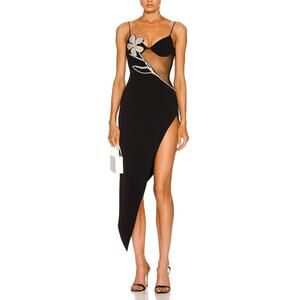 David Koma Embellished Black Flower Net Midi Dress Size UK 8 / 4 US NWT